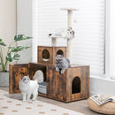 Multi-level 2-in-1 cat tree in brown with litter box enclosure, scratching posts, and cozy platforms for playful cats.