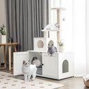 Multi-level 2-in-1 cat tree in white with litter box enclosure, scratching posts, and cozy condo for playful cats.
