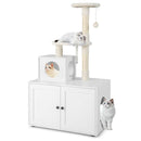 Multi-level 2-in-1 cat tree in white with litter box enclosure, scratching posts, and cozy platforms for playful cats.