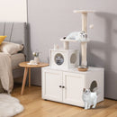 Multi-level 2-in-1 cat tree in white with litter box enclosure, scratching posts, and cozy cat condo for playful cats.