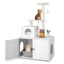 Multi-level 2-in-1 cat tree with litter box enclosure, scratching posts, and cozy condo for playful cats in white.
