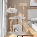 Wooden cat tree with jute scratching posts, featuring multiple resting areas and a cozy top perch for playful kittens.