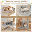 Cozy top perch and soft side perch on a 124 cm tall wooden cat tree with jute scratching posts for playful relaxation.