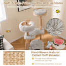 Wooden cat tree with jute scratching posts and plush cushions, featuring multiple resting areas for playful kittens.