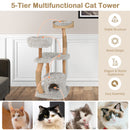 5-tier wooden cat tree with jute scratching posts, grey plush cushions, and unique pear wood trunk for playful.