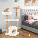 Wooden cat tree with jute scratching posts, featuring multiple resting areas and a cozy top perch for playful kittens.