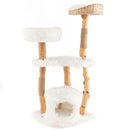 Side view of the 124 cm tall wooden cat tree showcasing its unique pear wood trunk and plush side perch for lounging.