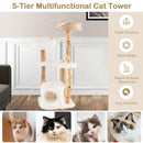 Wooden cat tree with 5 tiers, natural pear wood frame, jute scratching posts, and cozy resting areas for playful.