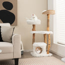 Close-up of the plush fabric on the cozy cat condo of the 124 cm tall wooden cat tree for pet relaxation.