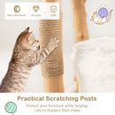 Wooden cat tree with jute scratching post, 124 cm tall, providing multiple resting areas for playful kittens.