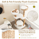 Wooden cat tree with jute scratching posts, featuring soft plush cushions and multiple resting areas for kittens.