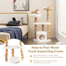 Wooden cat tree with unique pear wood trunk, 5 tiers, jute scratching posts, and cozy resting areas for playful kittens.