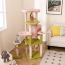 Multi-level floral kitten tower in pink and green with plush perch, hammock, and sisal scratching posts for playful.