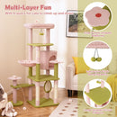 Multi-level floral kitten tower in pink and green with plush top perch, sisal scratching posts, and dangling balls.