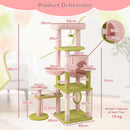 Multi-level floral kitten tower with plush top perch, sisal scratching posts, and cozy resting spots in pink and green.