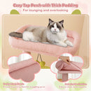 Cozy top perch with thick padding on a pink multi-level cat tree, perfect for lounging and enjoying the view.