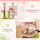 Multi-level pink cat tree featuring a cozy condo, soft hammock, and sisal scratching posts for playful relaxation.