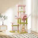 Multi-level cat tree with vibrant pink and green colors, featuring a cozy hammock and private condo for playful cats.