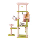 Multi-level pink cat tree with plush top perch, sisal scratching posts, and cozy hammock for playful cats.