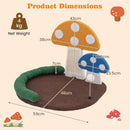 Mushroom cat bed with sisal scratch panel and swinging ball, featuring a wide resting area for playful comfort.
