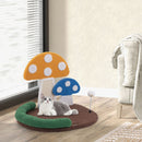 Mushroom cat bed with wide resting area, sisal scratch panel, and playful swinging ball for cozy cat relaxation.