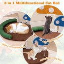 Multicolour mushroom cat bed featuring a wide resting area, sisal scratch panel, and swinging spring ball for play.
