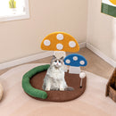 Mushroom cat bed with wide resting area, sisal scratch panel, and playful ball, perfect for your cat's comfort and fun.