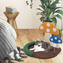 Mushroom cat bed with wide resting area, sisal scratch panel, and playful swinging ball for comfortable lounging.