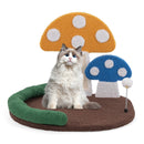 Mushroom cat bed with wide resting area, sisal scratch panel, and playful swinging ball for comfortable cat lounging.