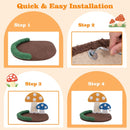 Mushroom cat bed installation steps showing a wide resting area, scratch panel, and playful swinging ball setup.