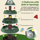 Three platforms with built-in openings on a 179 cm tall green Christmas cat tree for playful climbing and cozy lounging.