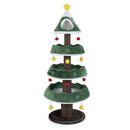 Multi-level green Christmas cat tree with red accents and plush cushions, perfect for festive feline fun and relaxation.