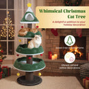 Green Christmas cat tree with red and yellow decorations, featuring multiple platforms for climbing and lounging.