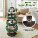 Multi-level green Christmas cat tree with plush platforms, thickened supports, and festive decorations for playful.