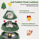 Multi-level green Christmas cat tree with soft plush cushions, ideal for climbing, lounging, and festive decoration.
