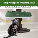 Green Christmas cat tree with scratching posts, plush cushions, and dangling toys for festive feline fun and relaxation.