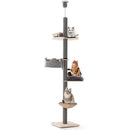 Floor-to-ceiling cat tree in grey with 5 tiers, adjustable height, and plush cushions for indoor cats' play and.