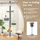 Floor-to-ceiling cat tree in grey with 5 tiers, adjustable height, and compact design for indoor cats.