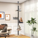 Floor-to-ceiling cat tree in grey featuring a sturdy plywood frame and a vertical scratching post for healthy claws.