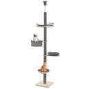 Floor-to-ceiling cat tree in grey with 5 tiers, adjustable height, and cozy spots for indoor kittens and adult cats.