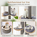 Floor-to-ceiling cat tree with adjustable height, featuring a comfy hammock, round basket bed, and scratching posts for.