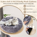 Cozy round plush cushion for cats on a floor-to-ceiling cat tree, featuring a soft grey design for ultimate comfort.