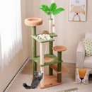 Multi-level 1.5m cat tree in green and brown with sisal scratching posts, plush perch, and faux plant for indoor cats.