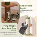 Cat tree featuring sisal scratching posts and a self-groomer brush, designed for indoor cats with a vibrant green and.