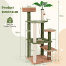 Multi-level green cat tree with sisal scratching posts, plush perch, and faux plant for indoor cat entertainment.