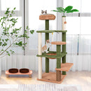 Interactive cat tree with multiple platforms, sisal rope, and plush covering in green and brown for indoor play and.