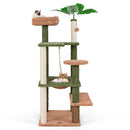 Multi-level 1.5m cat tree in green and brown with sisal scratching posts, plush beds, and faux plant for indoor cats.