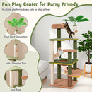 Multi-level cat tree with faux plant decoration, sisal scratching posts, and plush napping bed for indoor cats.