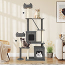 Tall grey cat tree with 7 levels, 2 condos, scratching posts, and plush balls for indoor cats' play and relaxation.