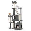 Tall grey cat tree with multiple levels, condos, and scratching posts, perfect for indoor play and relaxation.